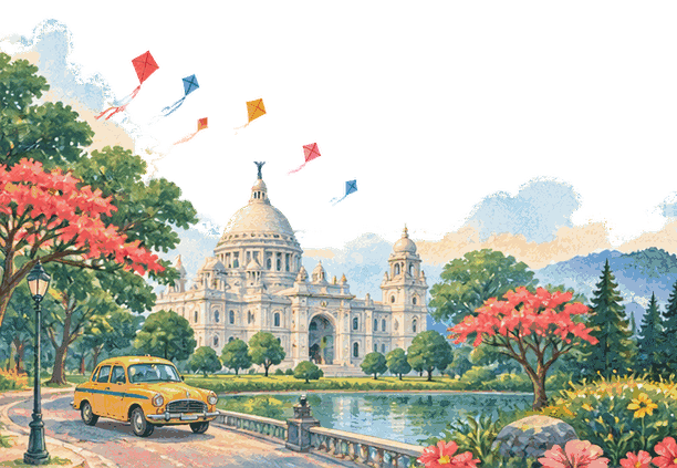 A painted view of Kolkata: Victoria Memorial, a yellow Ambassador taxi and kites over the lake
