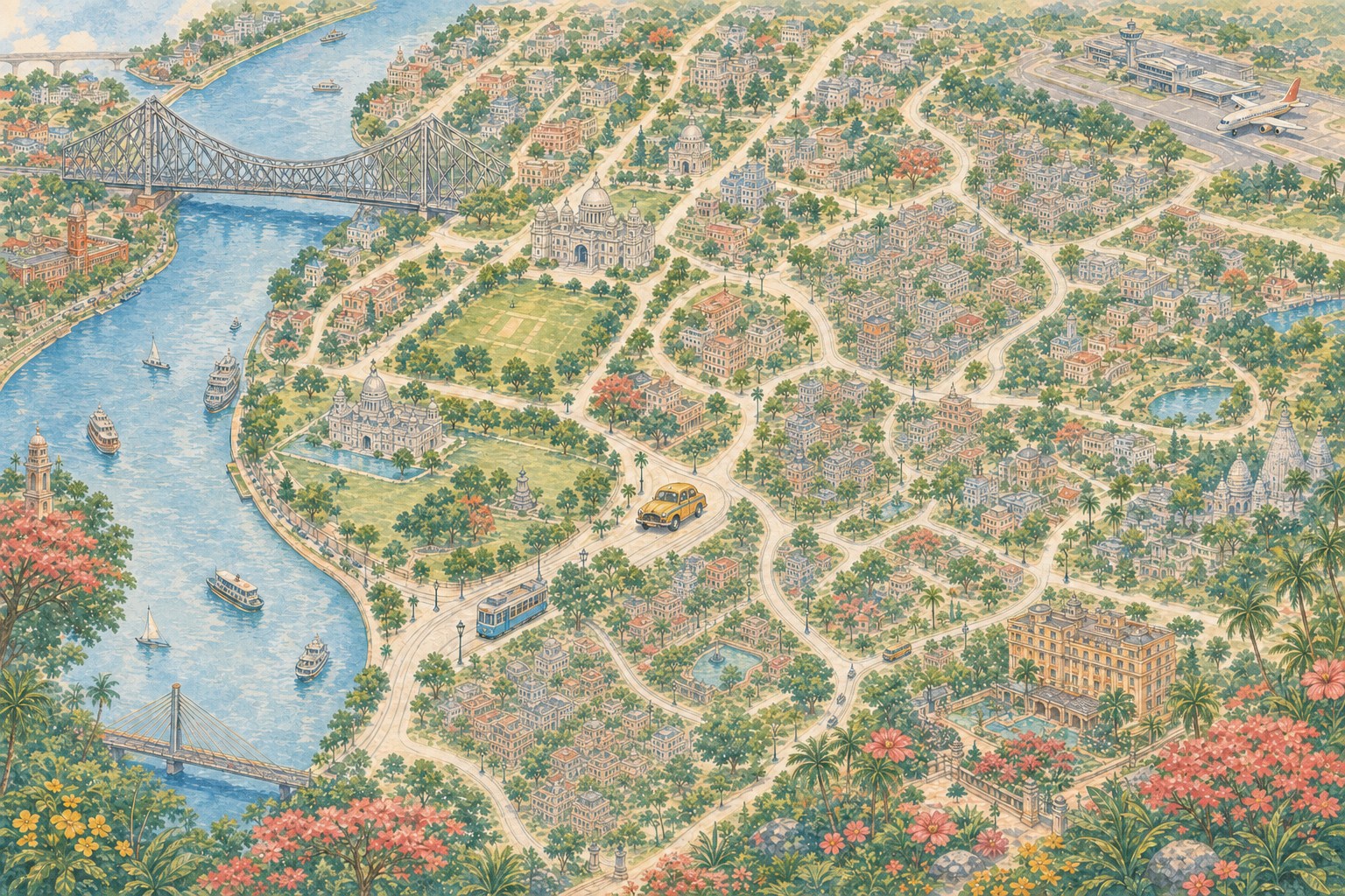 An illustrated map of Kolkata showing the Hooghly River, Howrah Bridge, the airport and leafy city streets